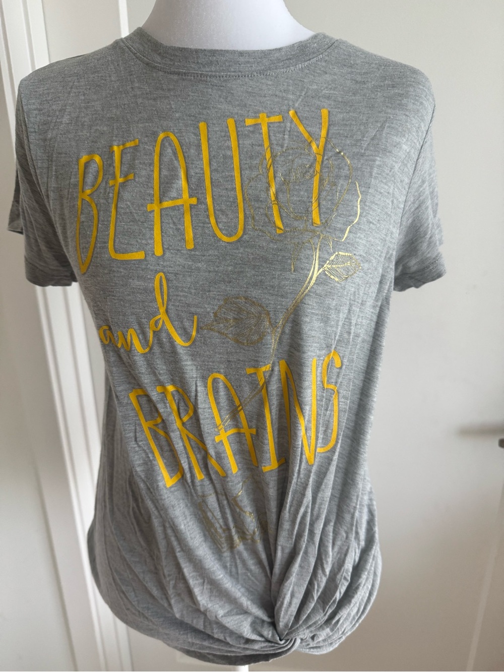 Gray Short Sleeve Tee with Yellow Foil 'Beauty and Brains'
